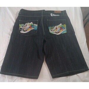Vintage Risk Embroidered Baggy Jean Shorts Men's Size 42 Hip Hop 90s Skater